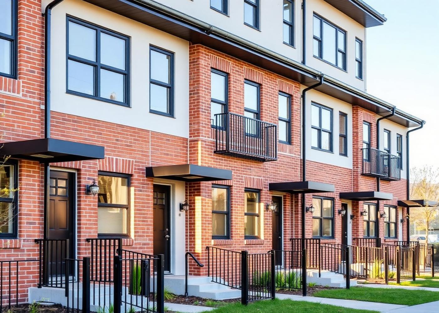 Row of modern brick rental townhouses in a residential investment neighborhood